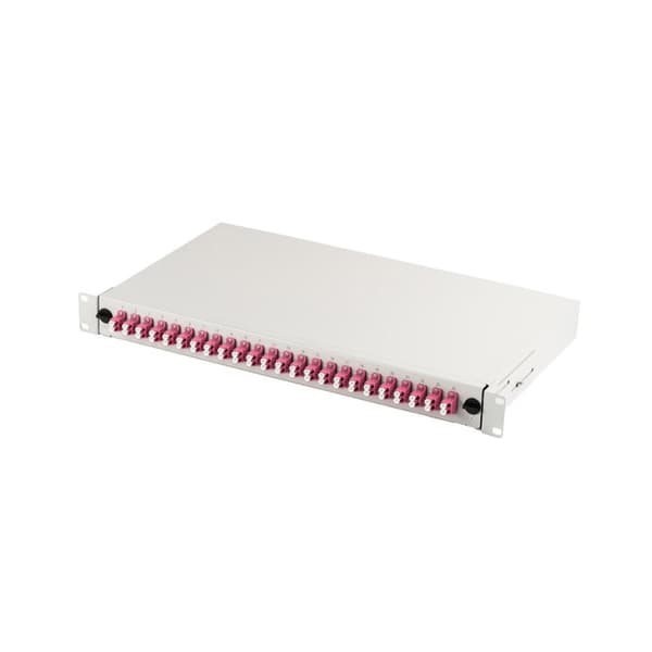 FO-patchpanel med 19'' 1U tilbehør, 24x LC dx, OM4, adaptere, kan udvides, grå