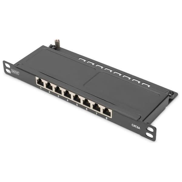 DIGITUS Cat 6A patchpanel, skärmad, 8 portar 1-2U, 10" rackmontering, svart RAL 9005 Svart