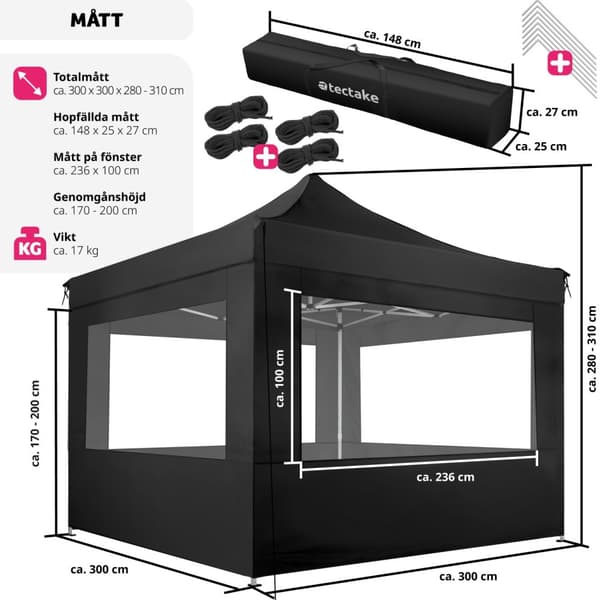 Paviljong Olivia 3x3m med 4 väggar - svart