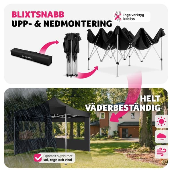 Hopfällbar partytält Olivia 3x3 m med 2 sidodelar - svart