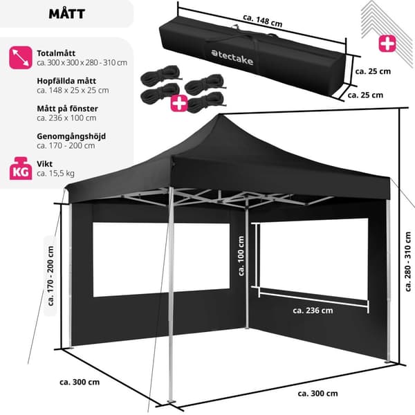 Hopfällbar partytält Olivia 3x3 m med 2 sidodelar - svart