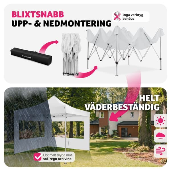 Hopfällbar partytält Olivia 3x3 m med 2 sidodelar - vit