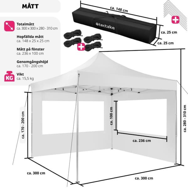 Hopfällbar partytält Olivia 3x3 m med 2 sidodelar - vit