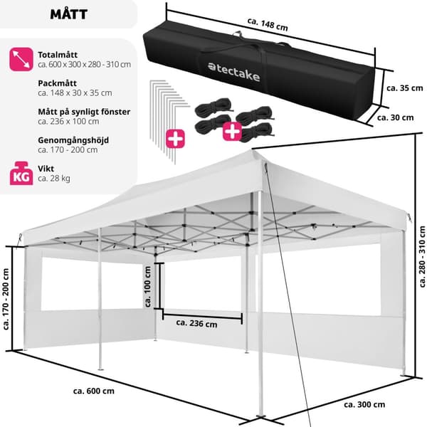Hopfällbart partytält Viola 3x6 m med 2 sidodelar - vit