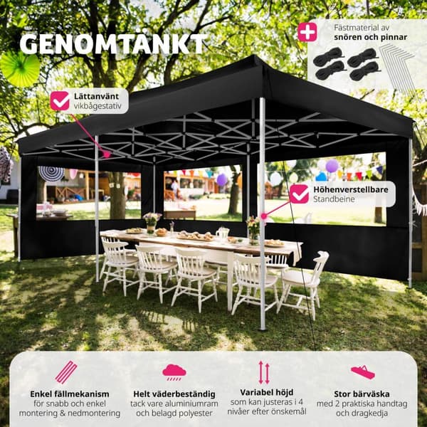 Hopfällbart partytält Viola 3x6 m med 2 sidodelar - svart