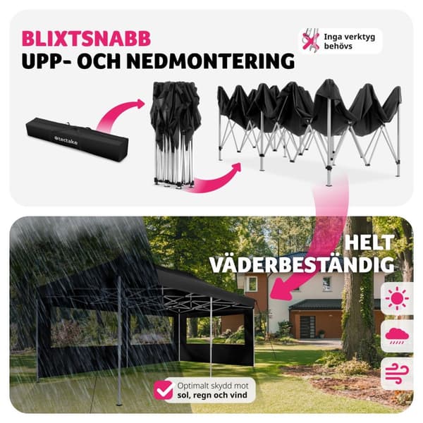 Hopfällbart partytält Viola 3x6 m med 2 sidodelar - svart