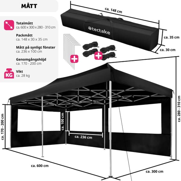 Hopfällbart partytält Viola 3x6 m med 2 sidodelar - svart