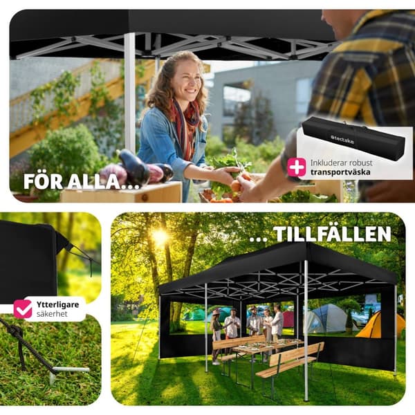 Hopfällbart partytält Viola 3x6 m med 2 sidodelar - svart