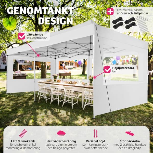 Hopfällbar partytält Viola 3x6 m med 4 sidodelar - vit