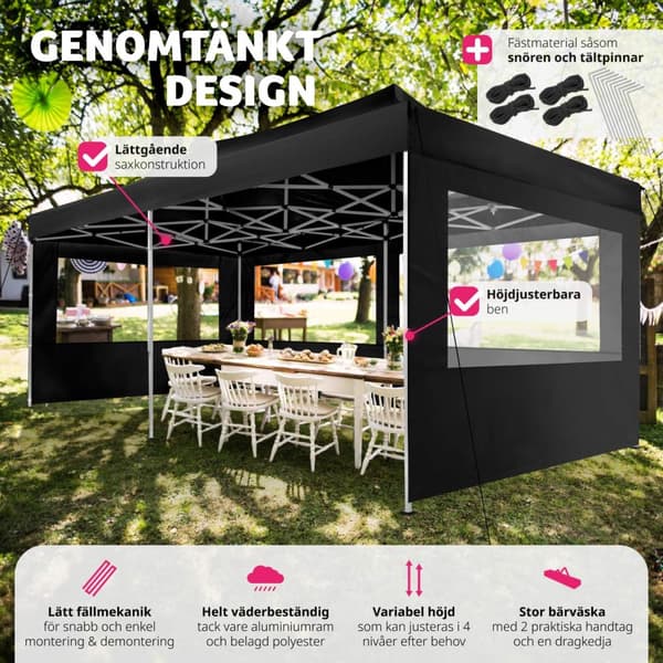 Hopfällbar partytält Viola 3x6 m med 4 sidodelar - svart