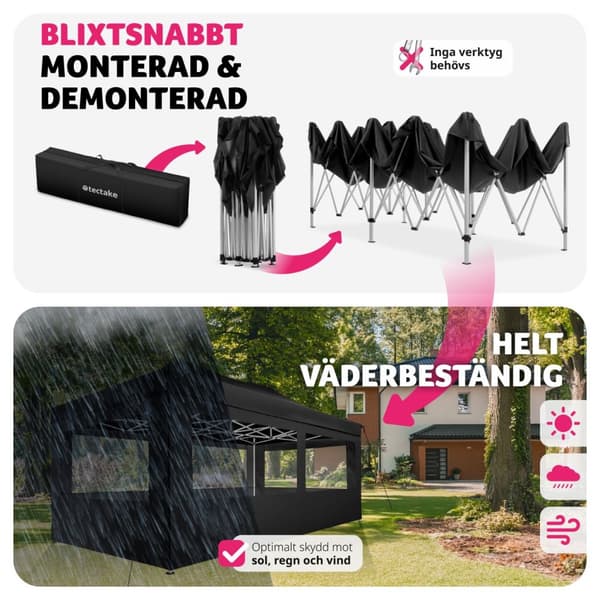 Hopfällbar partytält Viola 3x6 m med 4 sidodelar - svart