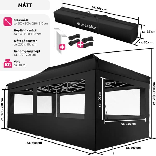 Hopfällbar partytält Viola 3x6 m med 4 sidodelar - svart