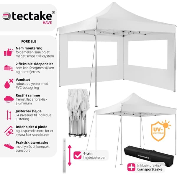 Easy up pavillon Olivia 3x3 m med 2 sidestykker - hvid
