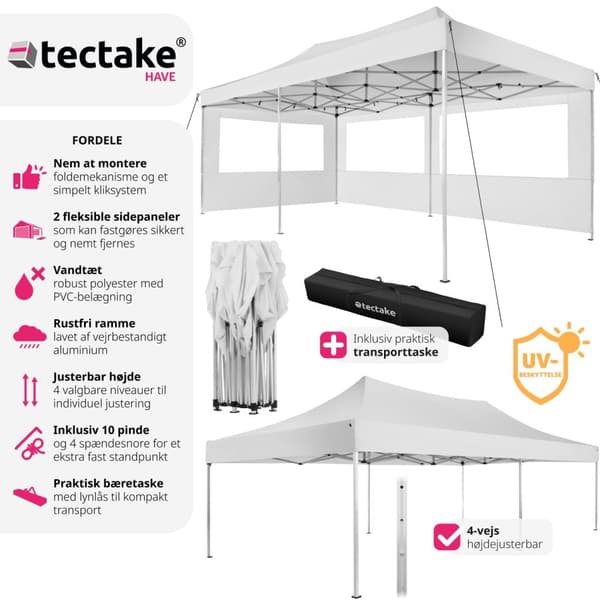 Easy up pavillon Viola 3x6 m med 2 sidestykker - hvid