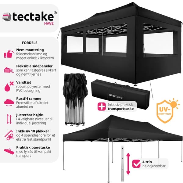 Easy up pavillon Viola 3x6 m med 4 sidestykker - sort