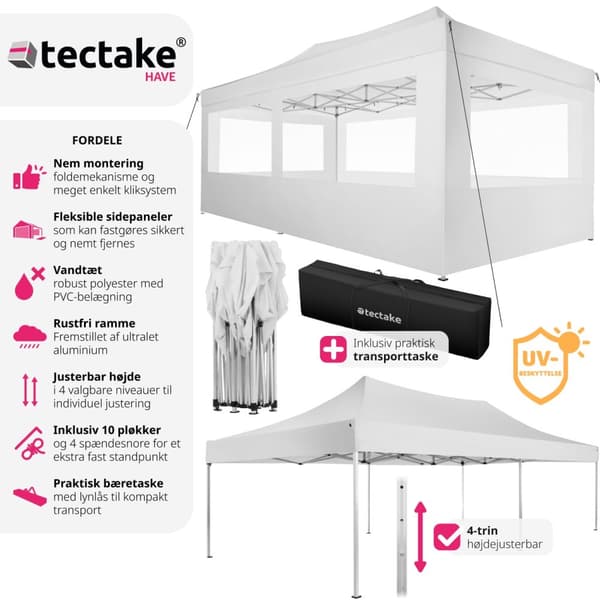 Easy up pavillon Viola 3x6 m med 4 sidestykker - hvid