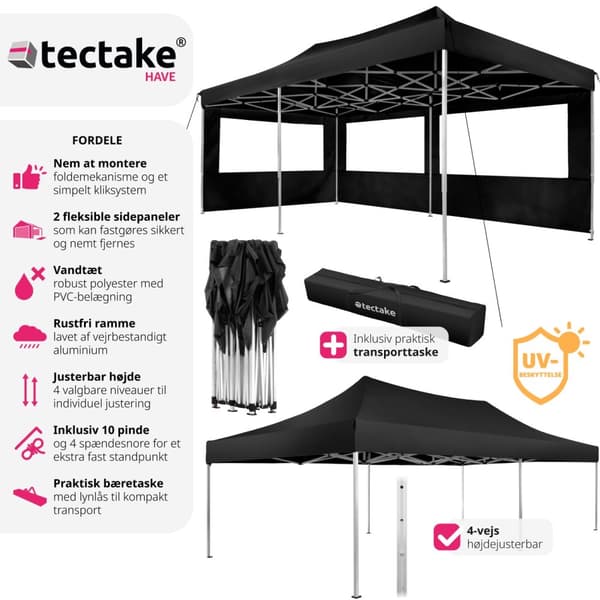 Easy up pavillon Viola 3x6 m med 2 sidestykker - sort