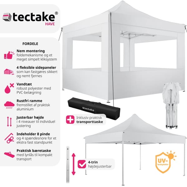 Easy up pavillon Olivia 3x3 m med 4 sidestykker - hvid