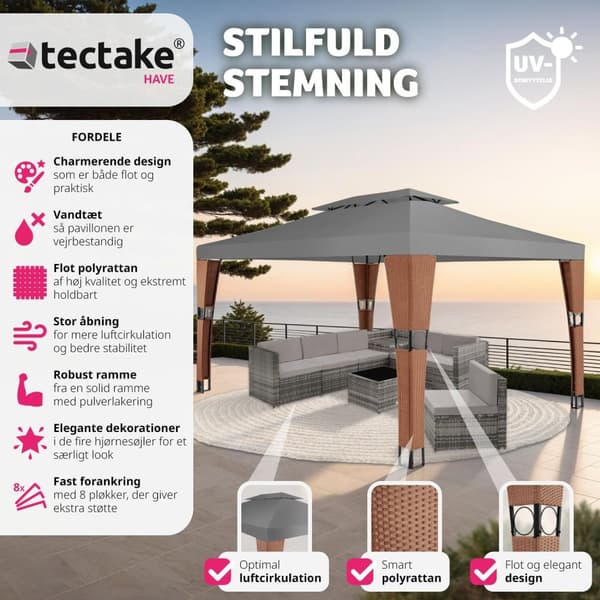 Havepavillon i polyrattan Mona 3x4m - brun/antracit
