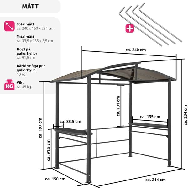 Grillpaviljong Asado 2,4x1,5x2,34m - grå