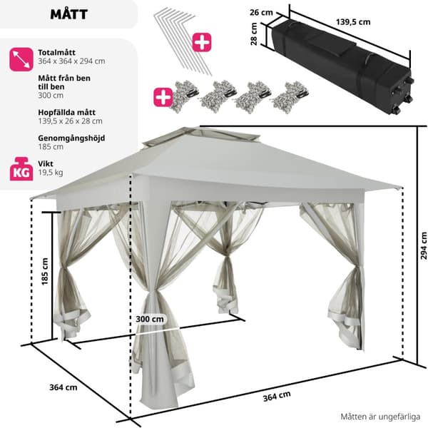 Paviljong Carabobo 3,64x3,64x2,94m - grå