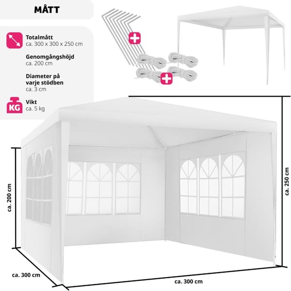 Paviljong Baraban 3x3m med 3 sidopaneler - vit