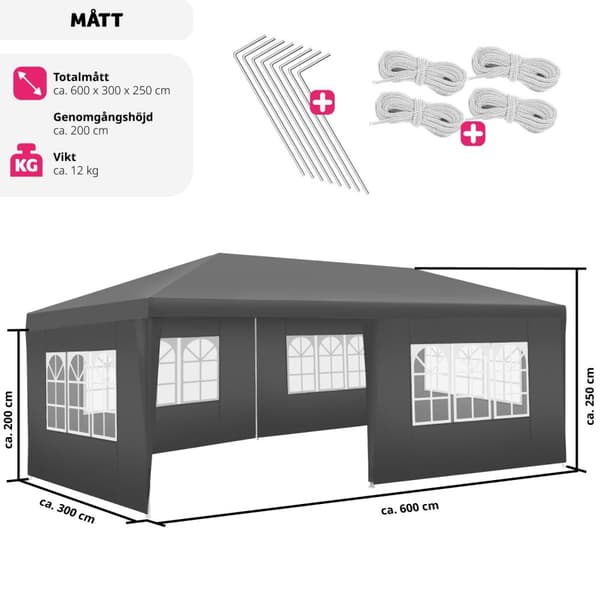 Paviljong Vivara 6x3m med 5 sidopaneler - grå