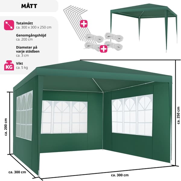 Paviljong Baraban 3x3m med 3 sidopaneler - grön