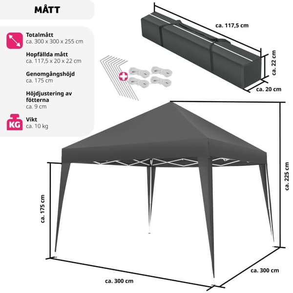 Hopfällbar Paviljong Linosa 3x3 m - grå