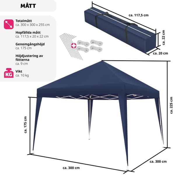 Hopfällbar Paviljong Linosa 3x3 m - blå