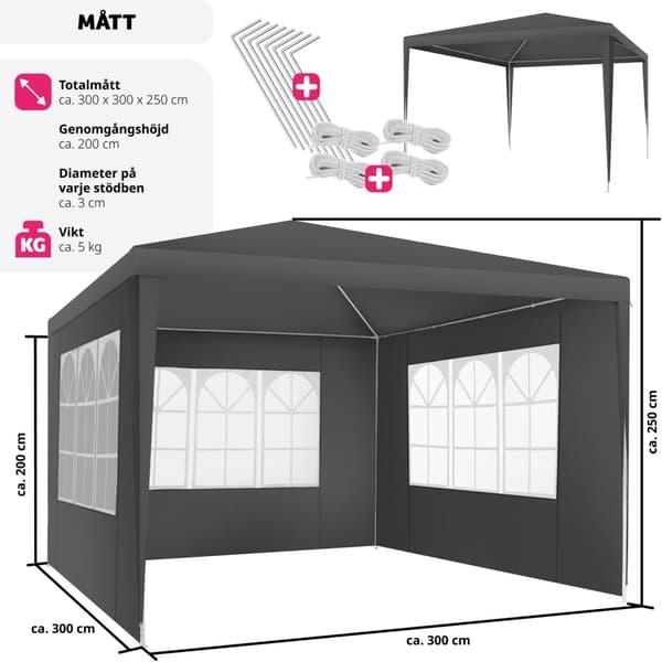 Paviljong Baraban 3x3m med 3 sidopaneler - grå