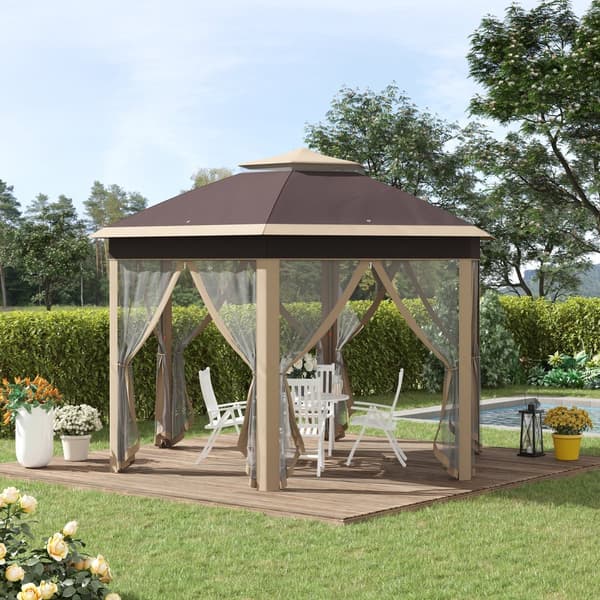 Hexagonal paviljong, 4x4m, Beige och Khaki