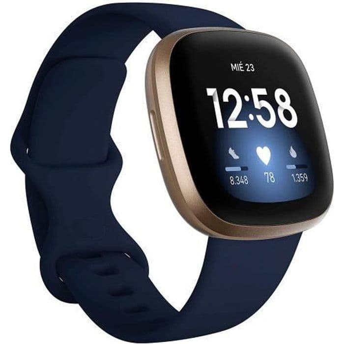 FITBIT VERSA 3 smartklocka i blått/guld, smartklocka med inbyggd Google och Alexa-assistenter, stresshantering,