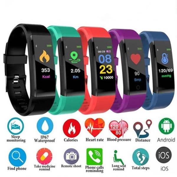 2019 Fitness Smart Watch Pulsaktivitetsmätare för kvinnor/män/barn Android iOS Vattentät IP67 -SVART