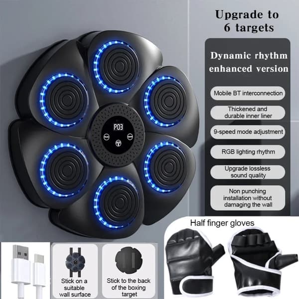 Musik Bokse Maskine, Justerbare Hastighedsindstillinger, Bluetooth Kompatibilitet,Sort med handsker