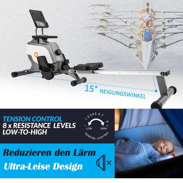 Hopfällbar magnetisk roddmaskin – träningsmaskin med magnetiskt motståndssystem och LED-skärm (ej för PAD)