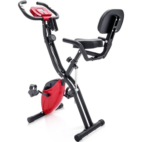 X-Bike hopfällbar träningscykel med magnetiskt motstånd, motionscykel för inomhus cardio, med träningsdator och expanderband – Röd
