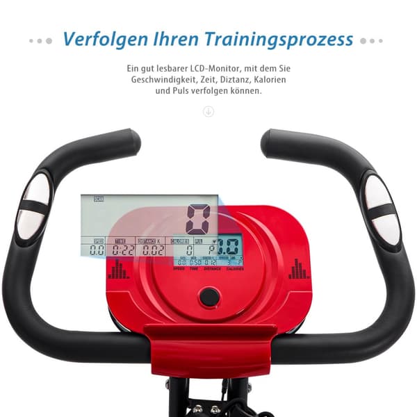 X-Bike hopfällbar träningscykel med magnetiskt motstånd, motionscykel för inomhus cardio, med träningsdator och expanderband – Röd