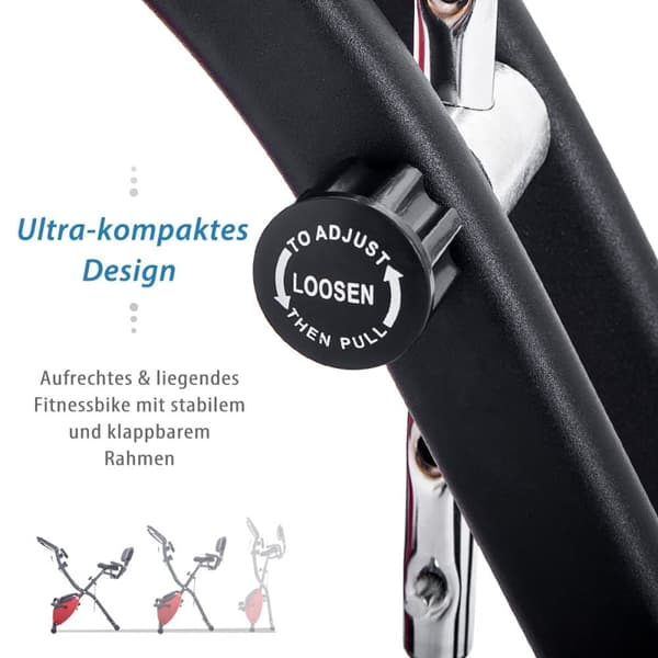 X-Bike hopfällbar träningscykel med magnetiskt motstånd, motionscykel för inomhus cardio, med träningsdator och expanderband – Röd