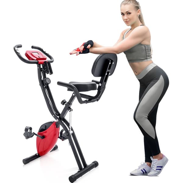X-Bike hopfällbar träningscykel med magnetiskt motstånd, motionscykel för inomhus cardio, med träningsdator och expanderband – Röd