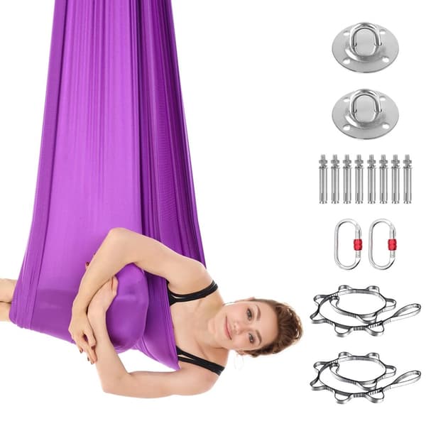 Aerial Yoga Hammock Sæt, 100% Polyester, 5,5 Yards x 3 Yards, 300kg Kapacitet,lilla