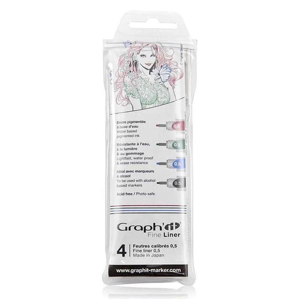 Paket med 4 Fine Liners - Graph'It - 0,5 mm - Pigmentbläck - Svart, Blå, Grön, Röd