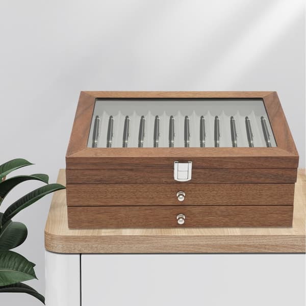 Fjäderpenna Förvaringsfodral, 34 Fack, Elegant Valnötsträdsdesign, Miljövänliga Material