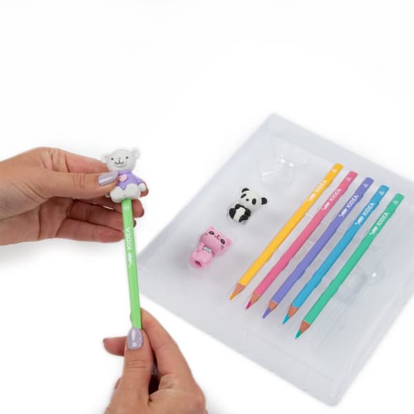 Set med pennor, kritor, suddgummi 9 st Kidea Plushies