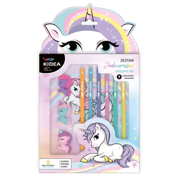 Set med pennor, kritor, suddgummi 9 st Kidea Unicorn