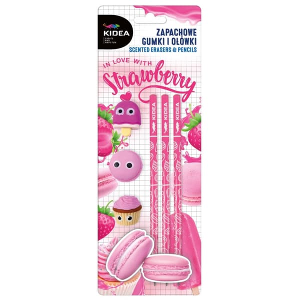 Kidea Strawberry duftende viskelædere og blyanter sæt