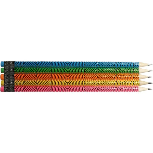Set med 5 HB-pennor med suddgummi, metalliserade titancirklar