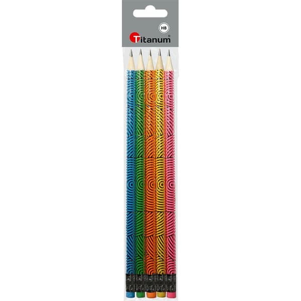 Set med 5 HB-pennor med suddgummi, metalliserade titancirklar