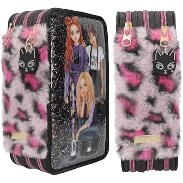 Pennfodral - DEPESCHE - TOPModel Rebel Kitty - 3 Fack - Svart - Glittrande - Leopardmönster