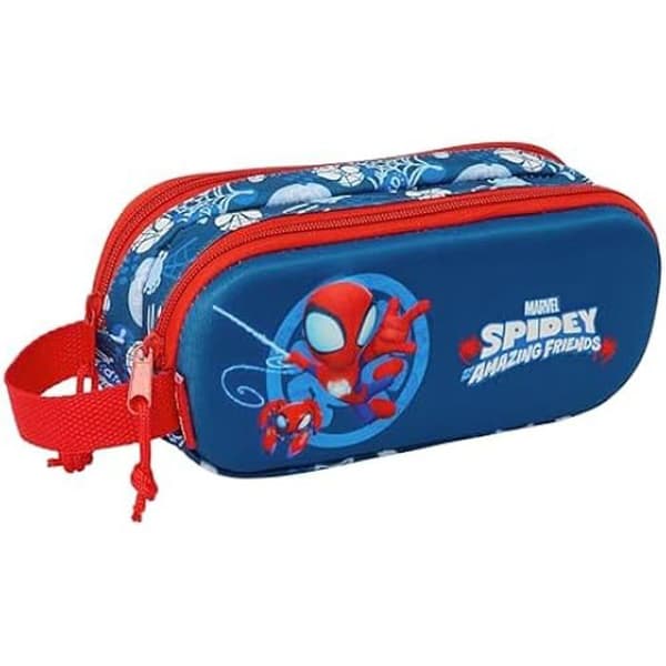 Spidey 3D dubbel pennfodral för barn i skolåldern, bekväm och mångsidig, kvalitet och motståndskraft, 21 x 6 x 8 cm, blå